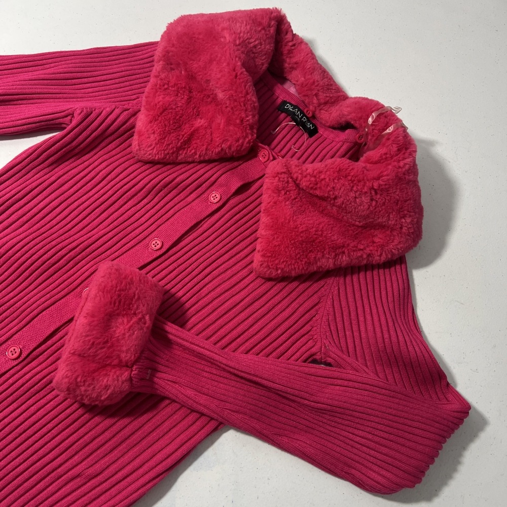 Dylan Ryan Sweater Top Womens L Pink Ribbed Faux Fur Collar Coquette Preppy Y2K